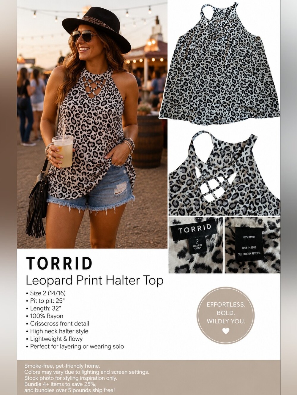 Torrid Leopard Print Crisscross High Neck Halter Tank Top Size 2 Plus 2X